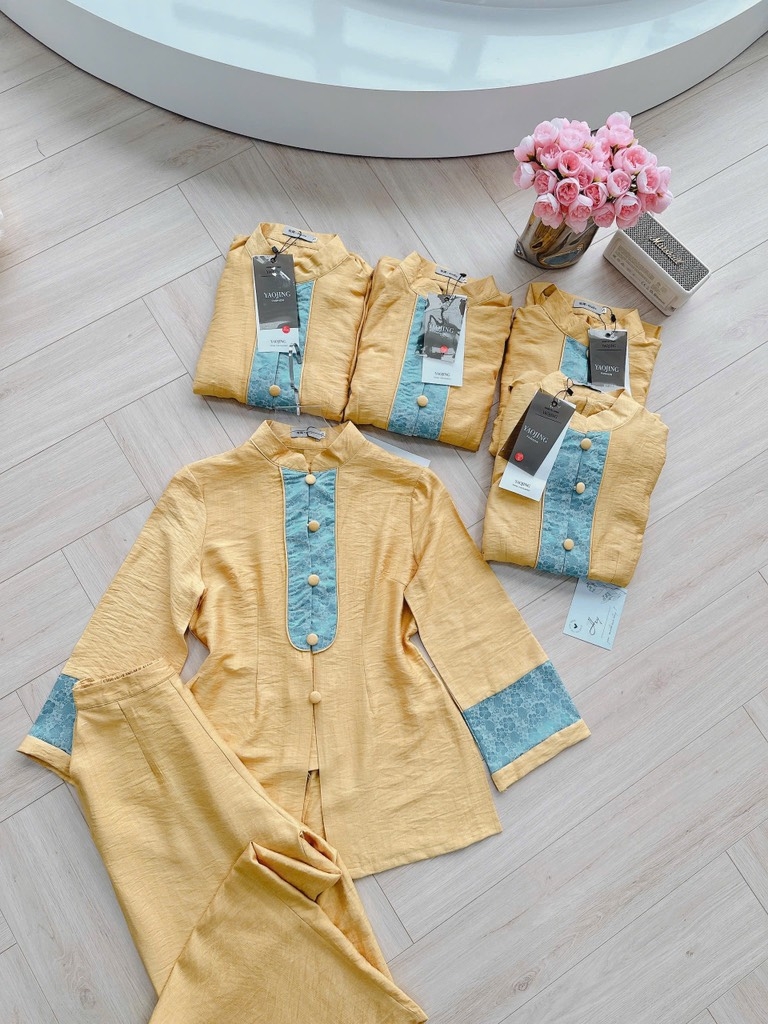 SET PHÁP PHỤC VÀNG PHỐI GẤM VIỀN NÉ NỮ SẴN (SALE 155k)