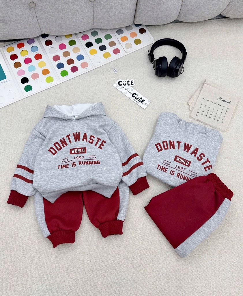 SÉT BỘ NỈ MŨ 2DA TONE ĐỎ GHI DONT WASTE CỰC YÊU CHO BÉ TRAI
