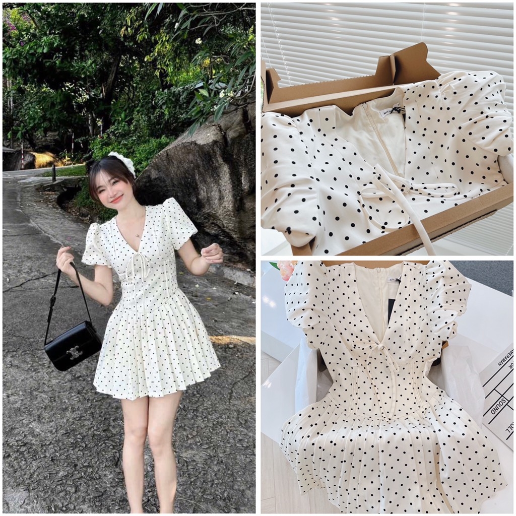 VÁY CHẤM BI XẾP LI CỔ TIM TAY BỒNG 2 LỚP NỮ