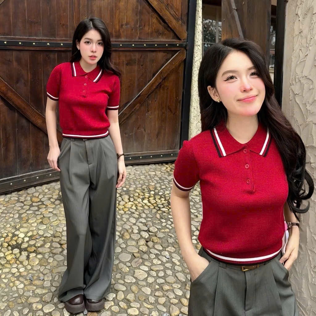 ÁO LEN POLO ĐỎ PHỐI VIỀN NỮ SẴN(XẢ 89k)