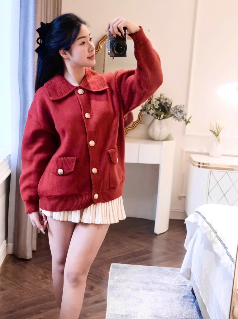 ÁO LEN CDG ĐỎ CAM CỔ BẺ NỮ THU ĐÔNG