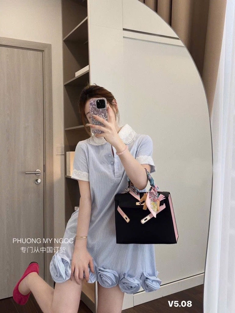 VÁY XANH KẺ CỔ SEN BÈO ĐÍNH HOA NỮ SẴN(Xả 135k)