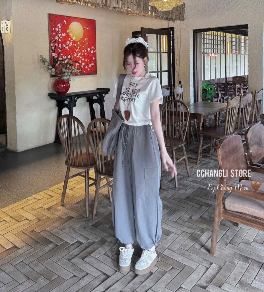 SET ÁO CHỮ COTTON QUẦN BOM KÈM TÚI NỮ SẴN
