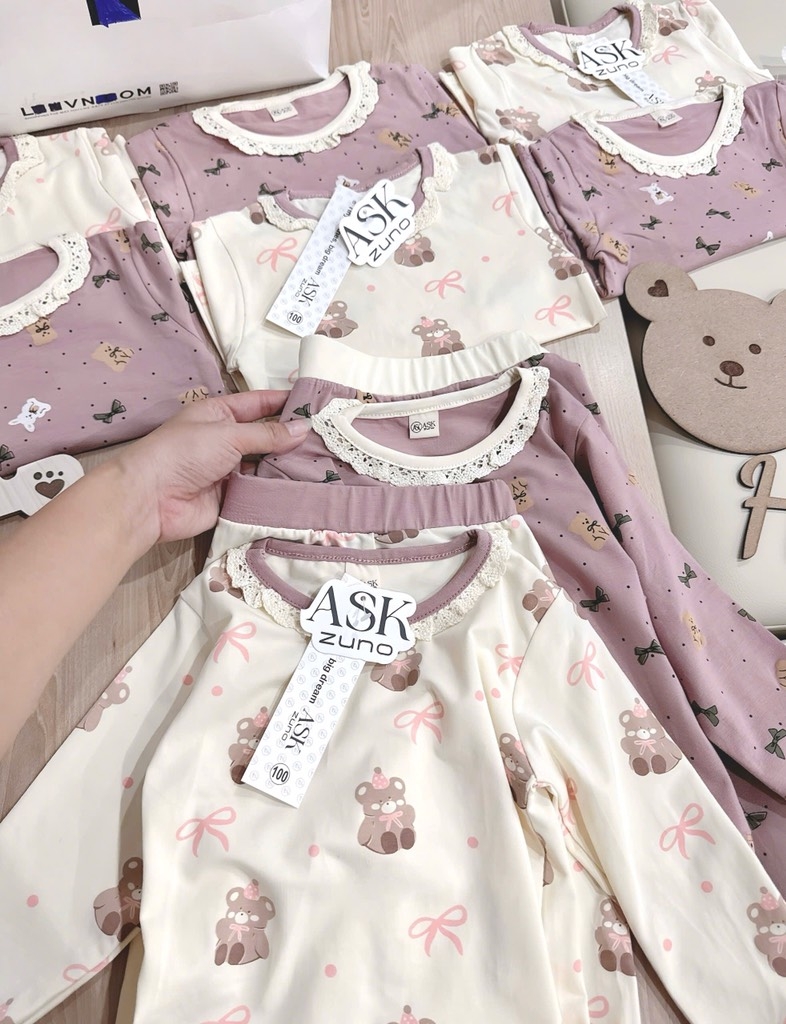 SET 2 BỘ DÀI COTTON GẤU NƠ MÀU HỒNG TÍM - BE BÉ GÁI