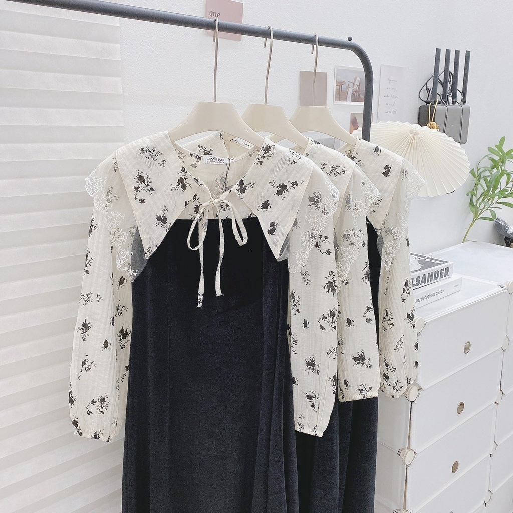 VÁY NHUNG DÁNG DÀI HOA TƠ CỔ REN (Xả 89K)