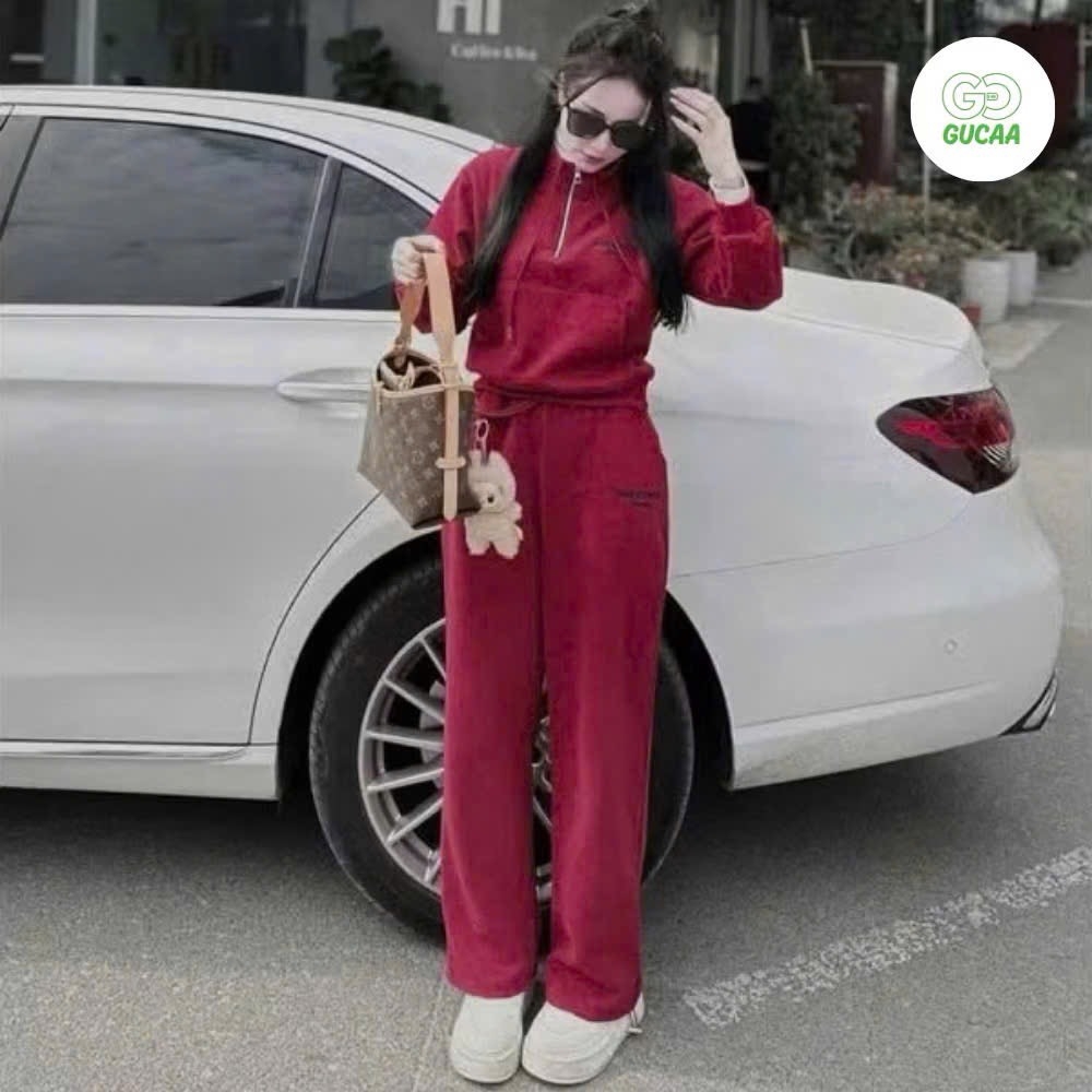 SET NỈ 2 DA ĐỎ CỔ KÉO KHOÁ NỮ THU ĐÔNG