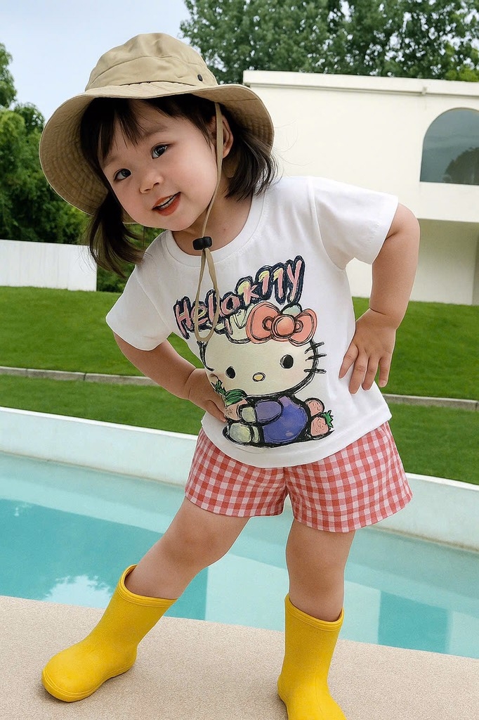 SET BỘ HELLO KITTY ZOZ WOW ÁO TRẮNG QUẦN SOOC CARO HỒNG BÉ GÁI SẴN