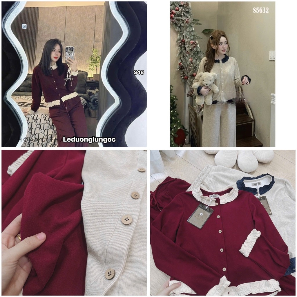 SET BỘ LEN CỪU BÈO CỔ GẤU ÁO MIX QUẦN SUÔNG NỮ SẴN