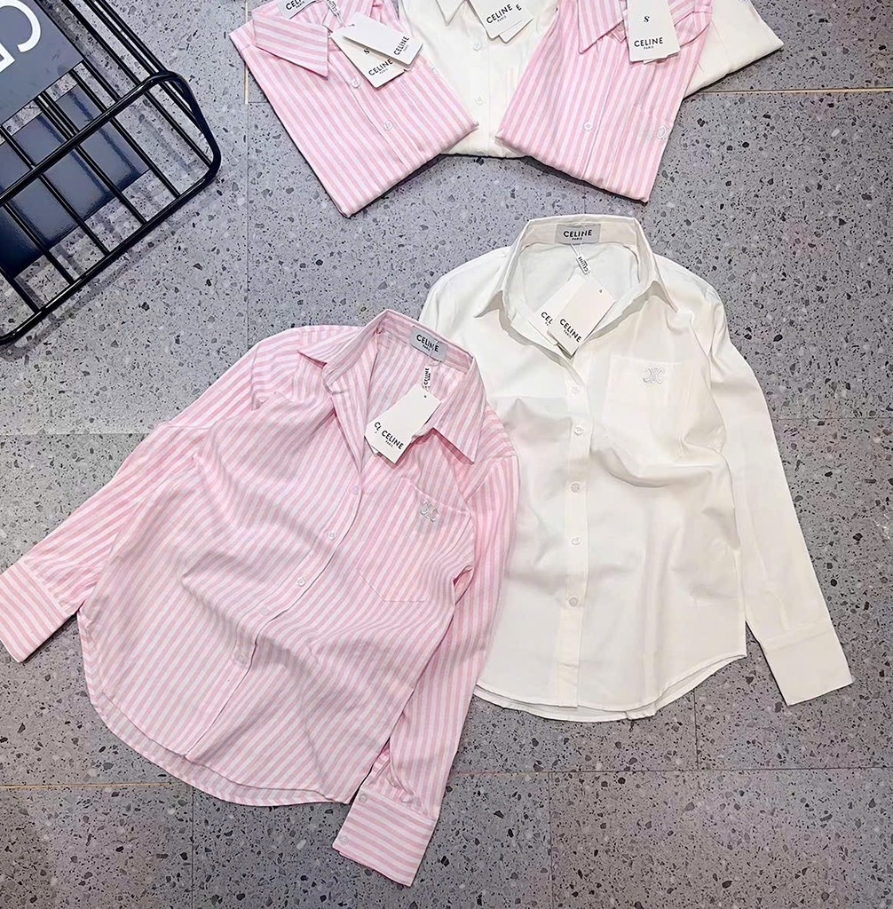 ÁO SƠ MI CELINE HỒNG TRẮNG DÀI TAY NỮ