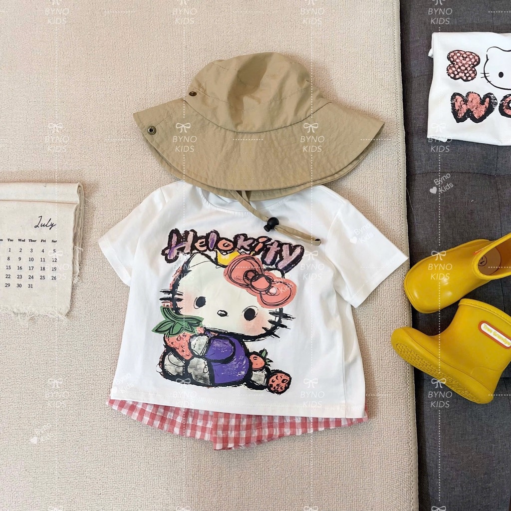 SET BỘ HELLO KITTY ZOZ WOW ÁO TRẮNG QUẦN SOOC CARO HỒNG BÉ GÁI SẴN