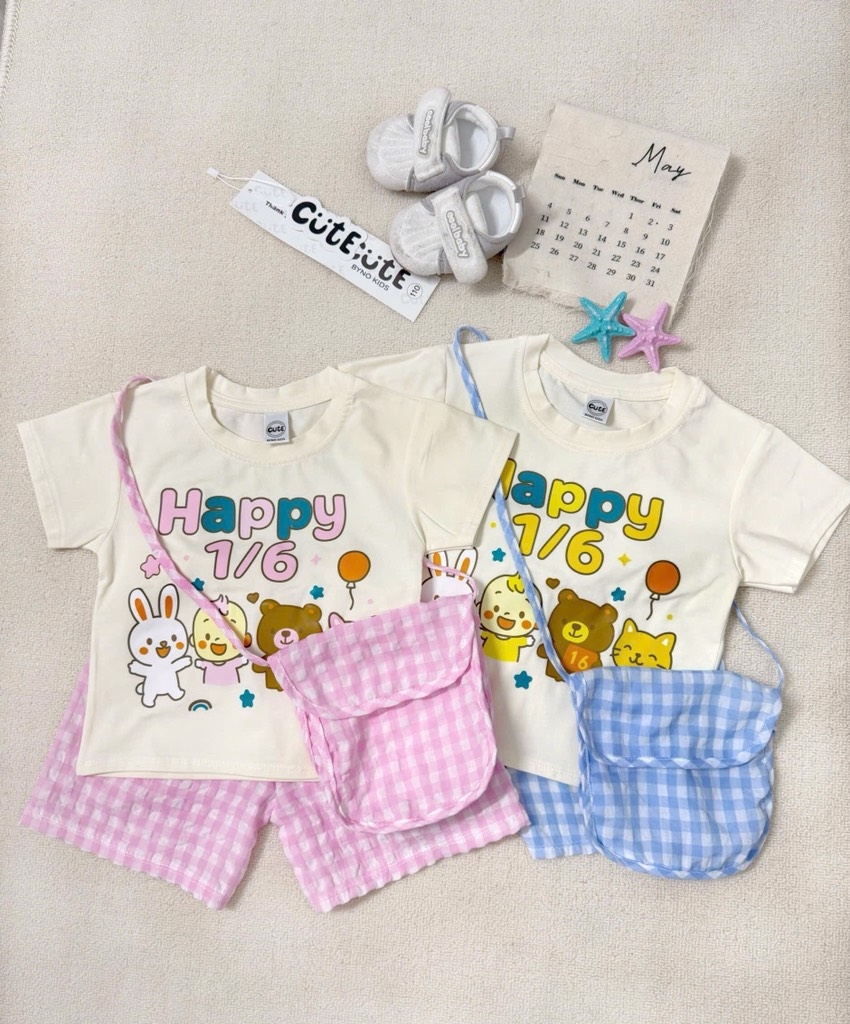 SÉT HAPPY 1/6 CHO BÉ TRAI BÉ GÁI MIX QUẦN CARO KÈM TÚI ĐEO CHÉO 3CT SẴN