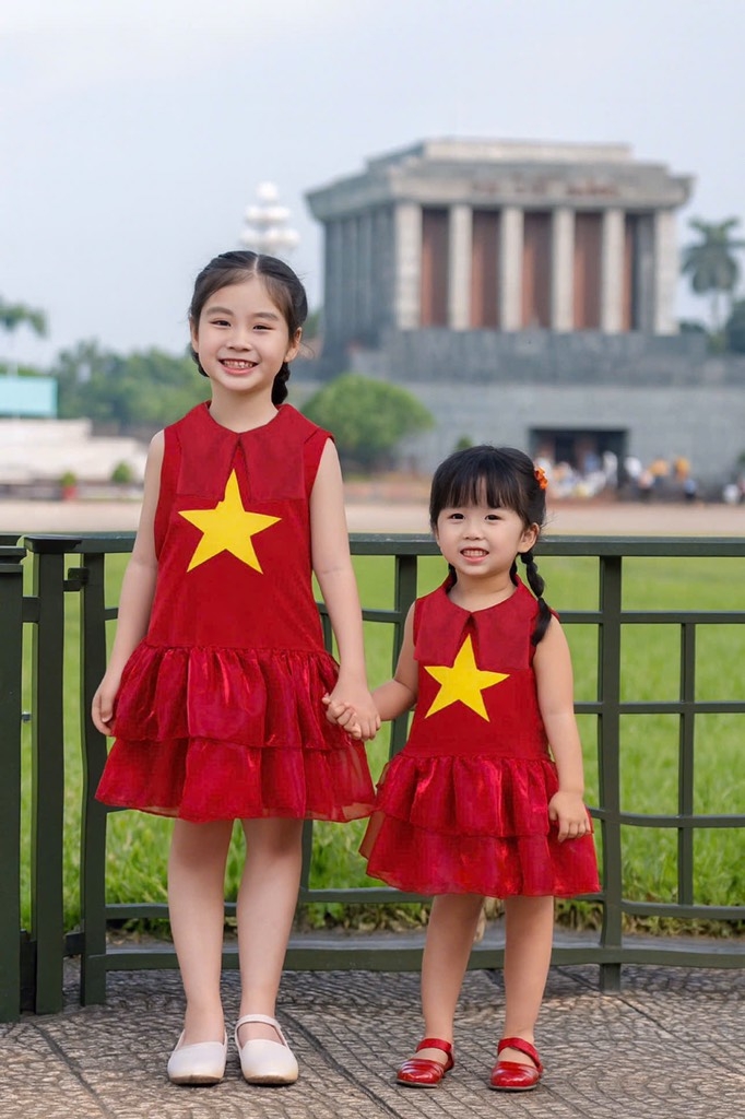 VÁY LỤA THÊU CỜ ĐỎ SAO VÀNG BÉ GÁI SẴN(XẢ 39k)