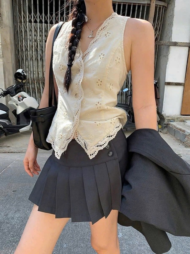 ÁO REN HOA 2 LỚP ĐAI SAU NỮ