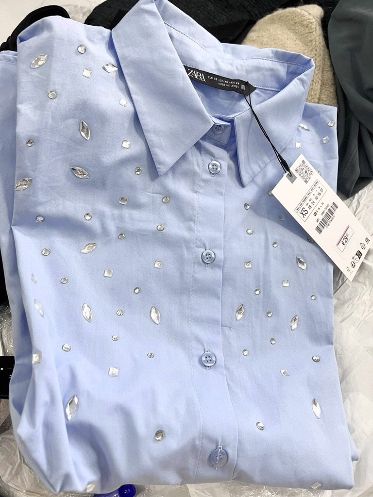 ÁO SƠ MI Z.ARA XANH ĐÍNH ĐÁ BASIC