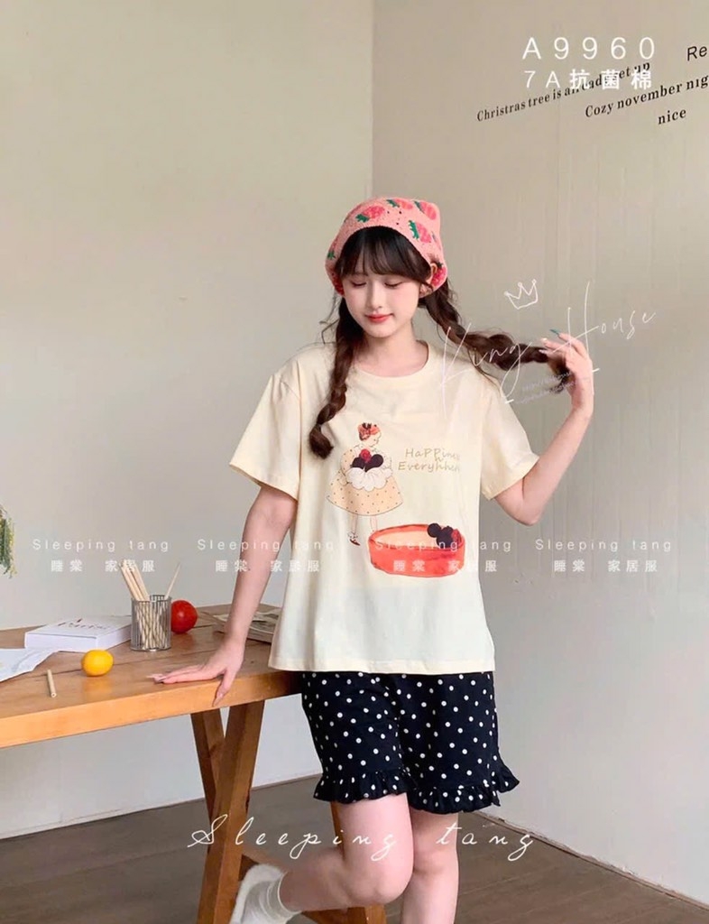 SET NỮ ÁO CỘC BE MIX QUẦN CHẤM BI SẴN