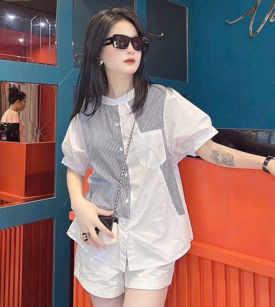 ÁO SƠ MI GU PHỐI KẺ CỔ TẦU CỘC TAY NỮ