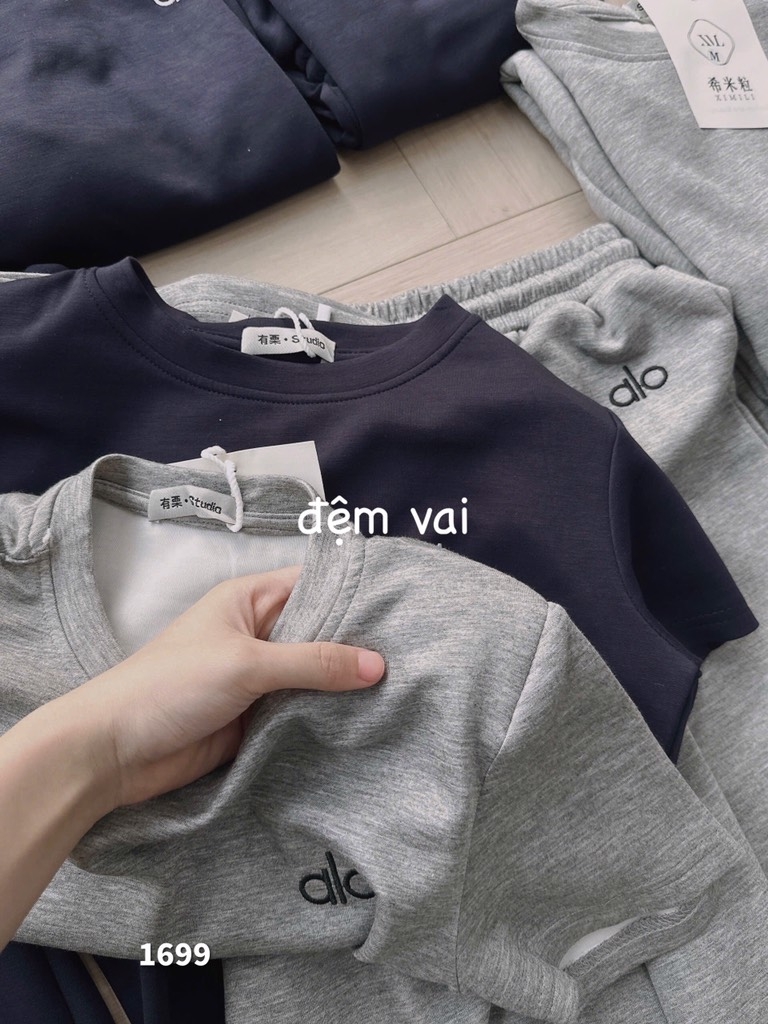 SET THÊU ALO QUẦN SUÔNG TONE 2 MÀU GHI XÁM NỮ SẴN