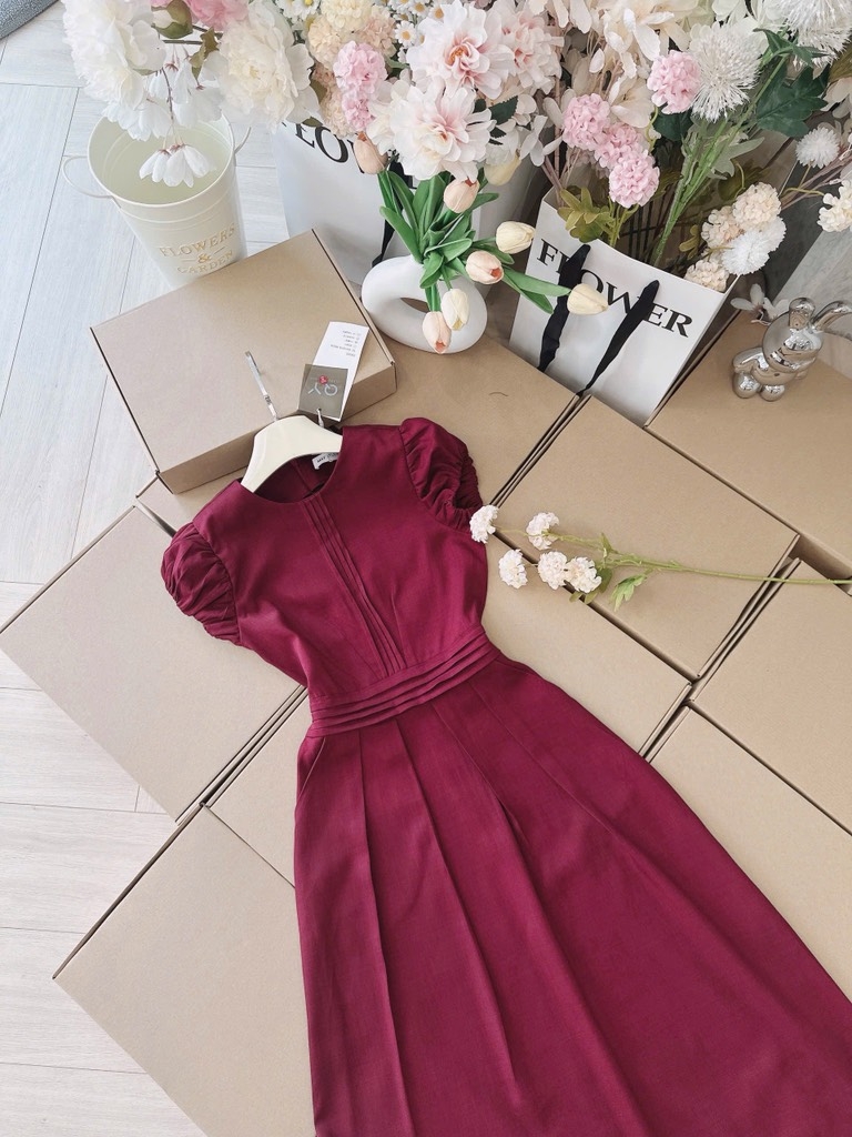 VÁY ĐỎ ĐÔ LI EO TAY BỒNG DÁNG DÀI NỮ