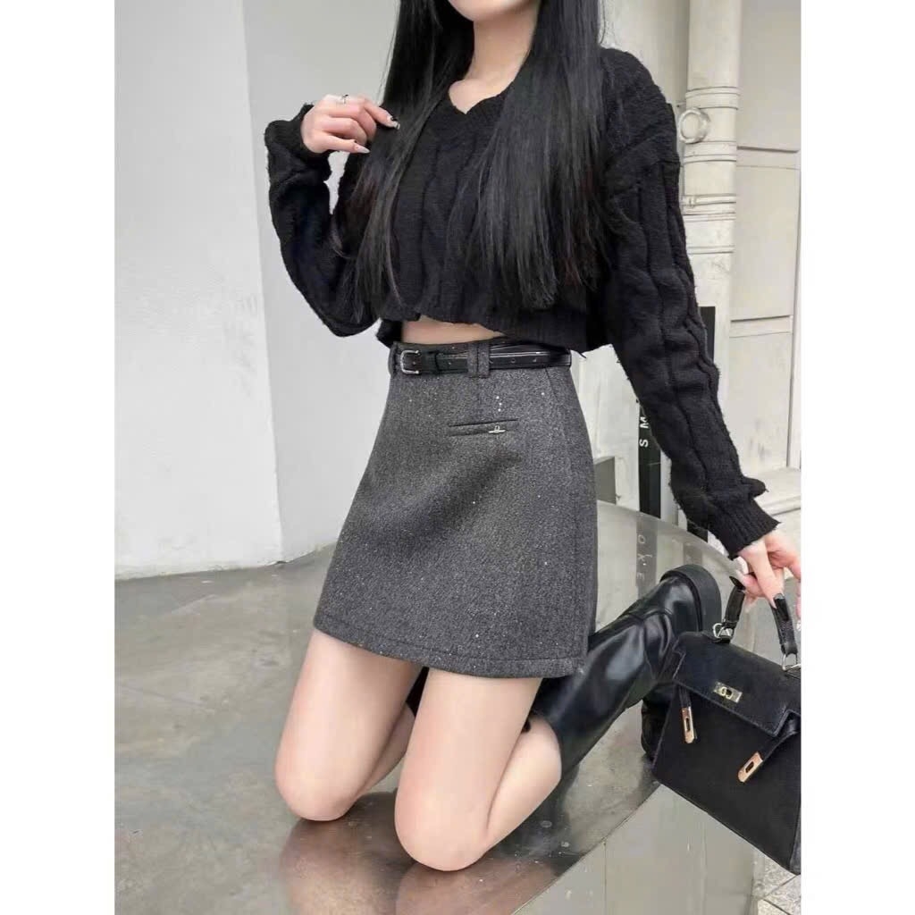 CHÂN VÁY DẠ NỮ KIM TUYẾN LẤP LÁNH KÈM ĐAI SẴN (SALE 119k)