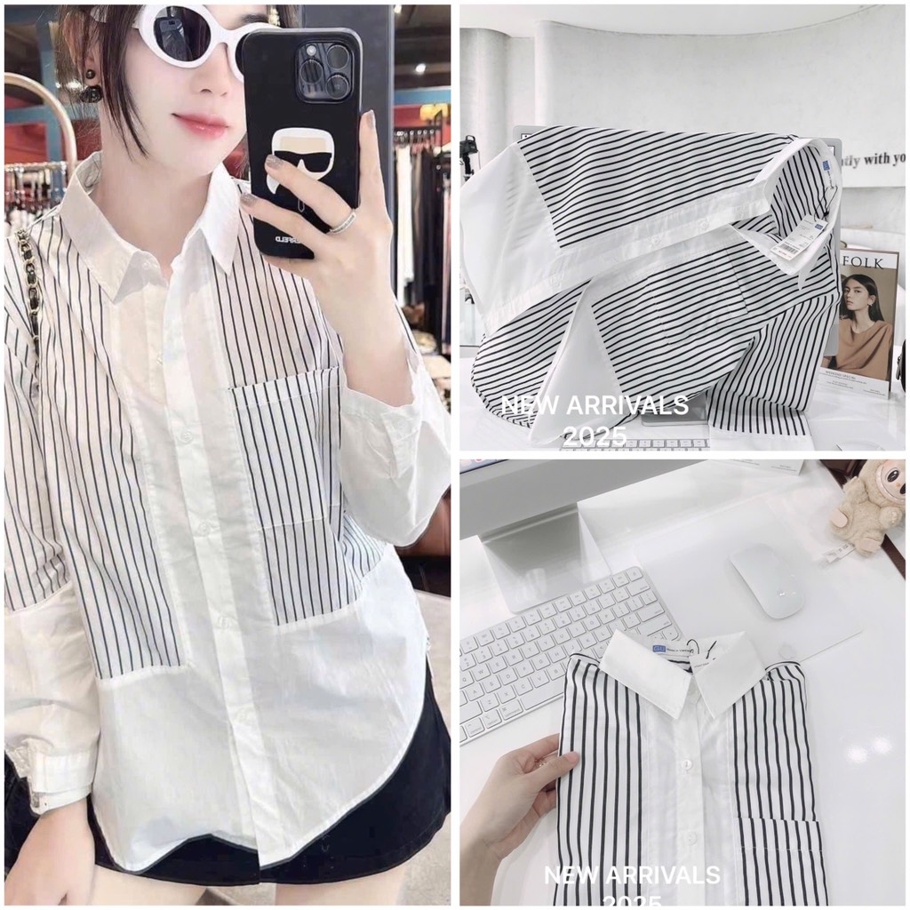 ÁO SƠ MI GU PHỐI KẺ DÀI TAY NỮ SẴN
