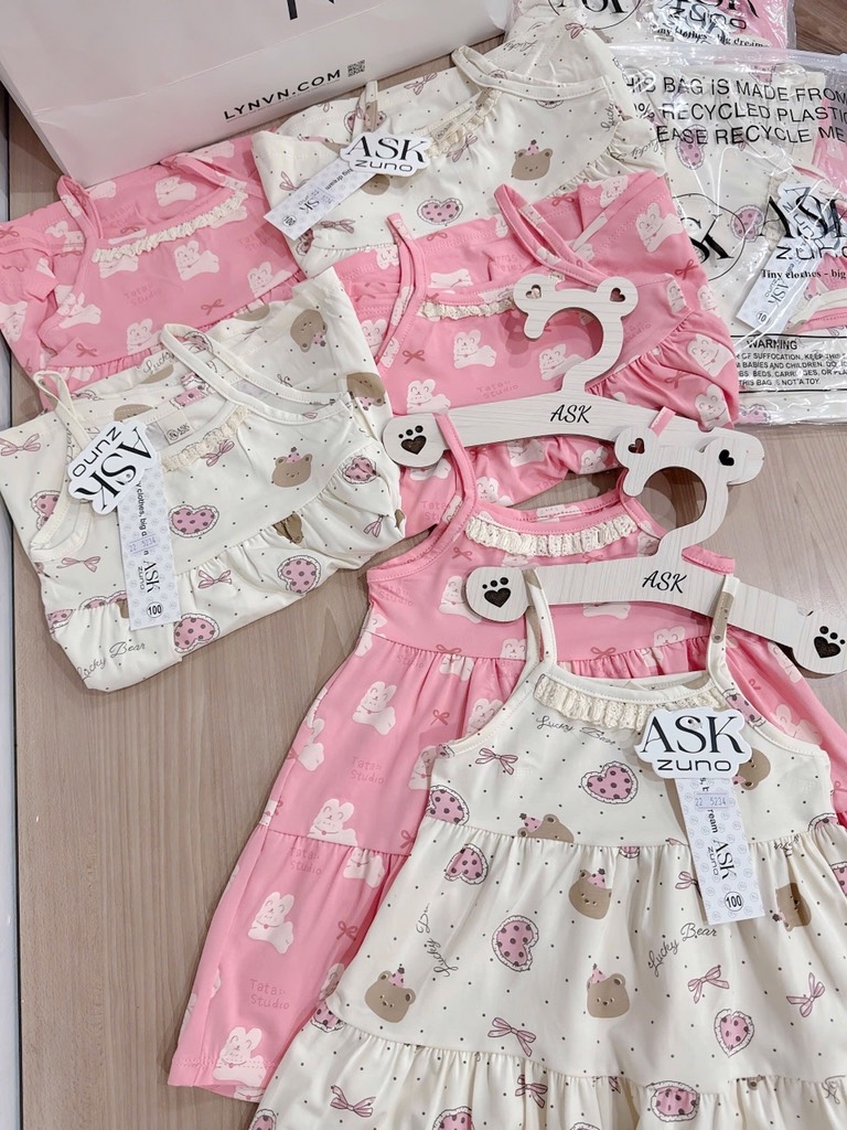 SET VÁY 2 DÂY VIỀN REN TONE BE HỒNG BÉ GÁI