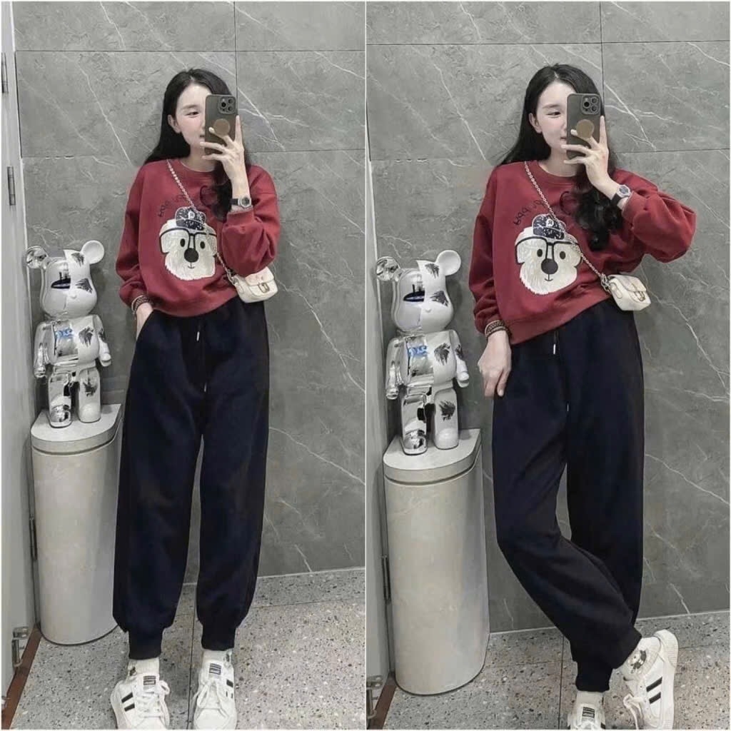 BỘ NỈ ÁO ĐỎ CHOA QUẦN ĐEN NỮ