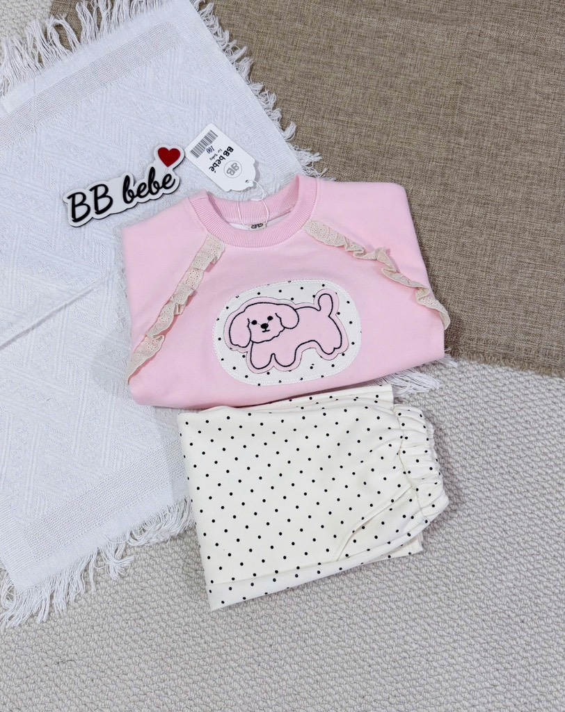 SET DÀI NỈ HAI DA CÚN HỒNG CHẤM BI BÉ GÁI