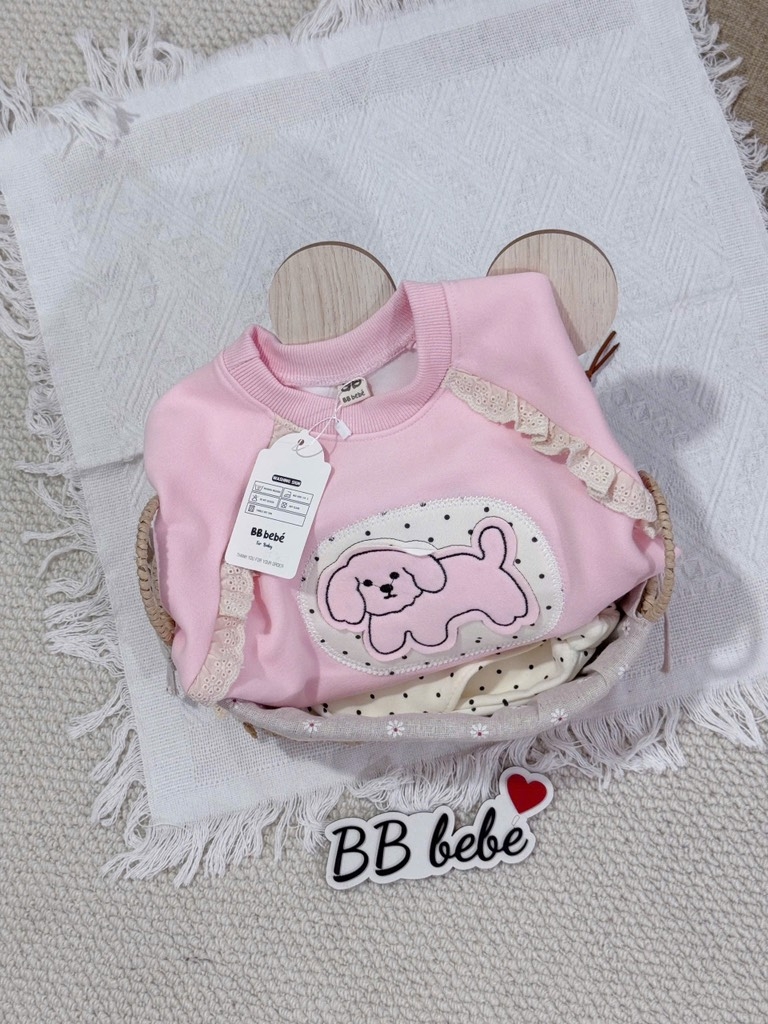 SET DÀI NỈ HAI DA CÚN HỒNG CHẤM BI BÉ GÁI