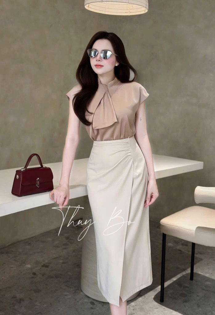 ÁO SƠ MI GU TAY LIỀN MIX NƠ CỔ NỮ(XẢ 85k)