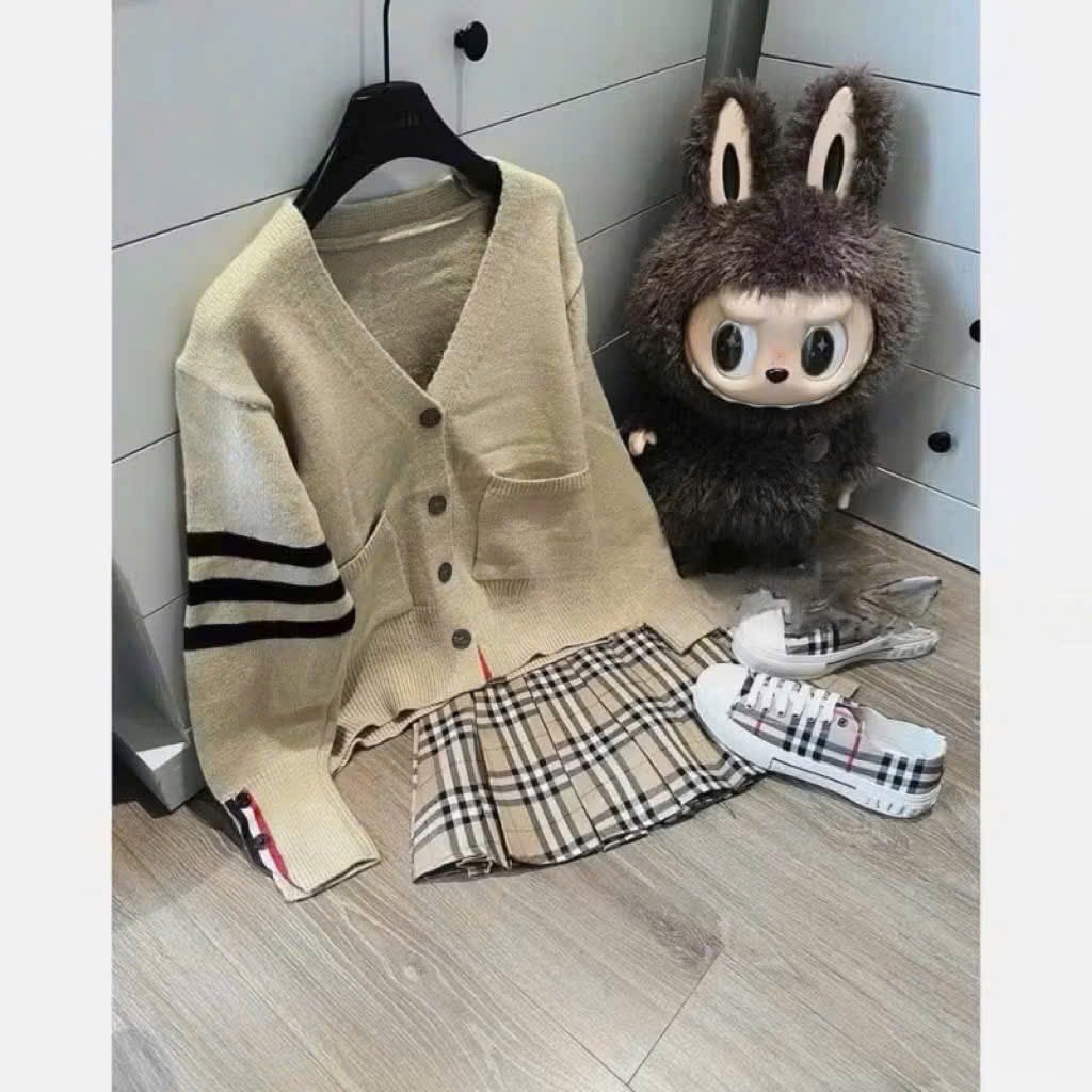 ÁO LEN CARDIGAN TAY SỌC MÀU BE NỮ THU ĐÔNG