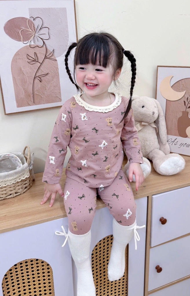 SET 2 BỘ DÀI COTTON GẤU NƠ MÀU HỒNG TÍM - BE BÉ GÁI