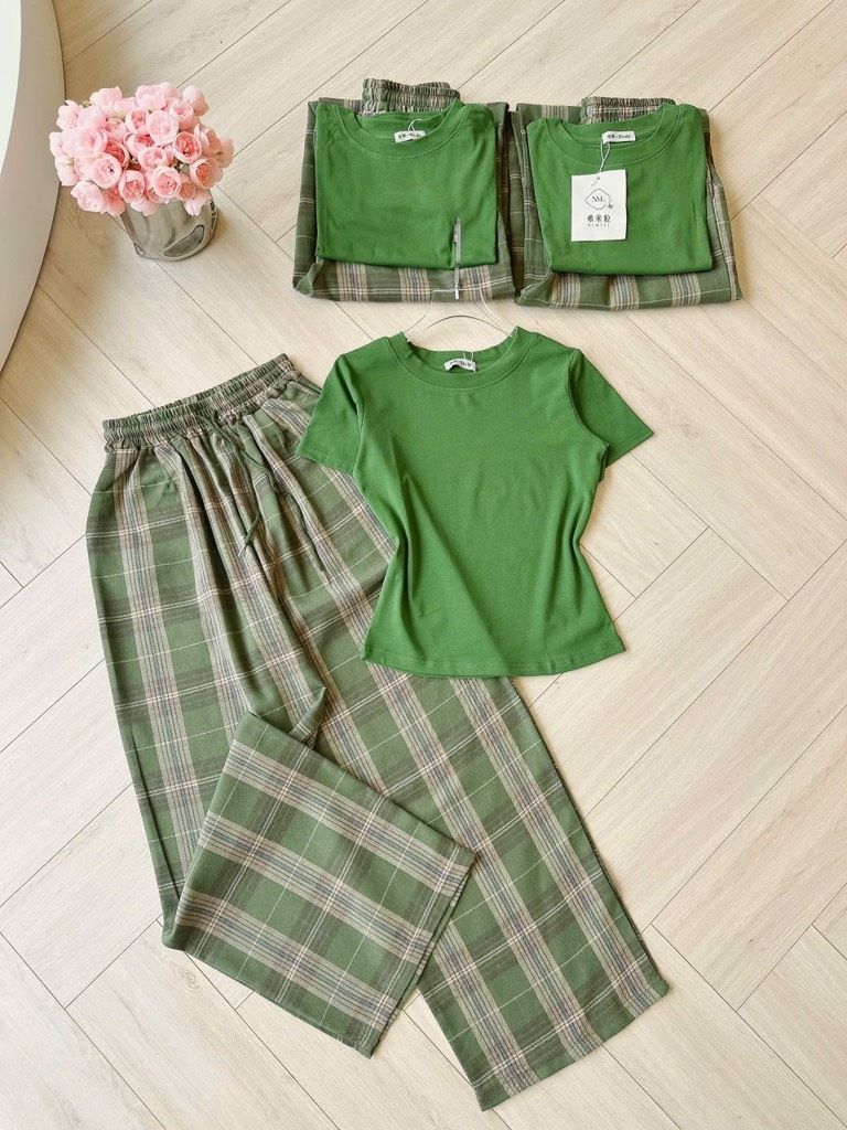SET QUẦN KẺ 2 LI XANH RÊU NỮ