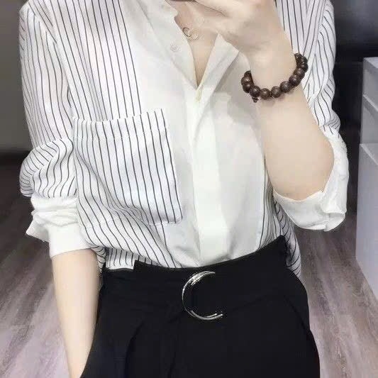 ÁO SƠ MI GU PHỐI KẺ DÀI TAY NỮ SẴN
