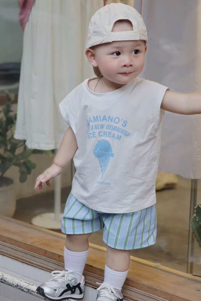 SET BỘ 3 LỖ DAMIANO'S ÁO TRẮNG QUẦN KẺ TONE XANH CHO BÉ TRAI