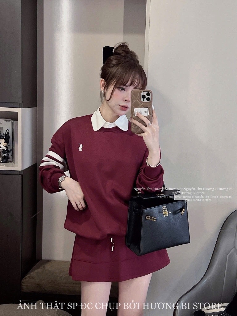 SET ÁO THÊU NGỰA VÁY NGẮN ĐỎ MẬN NỮ THU ĐÔNG