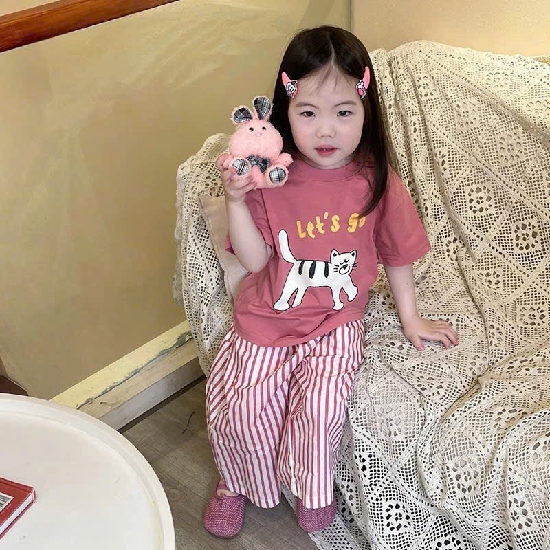 SET BỘ MÈO HỒNG QUẦN KẺ BÉ GÁI SẴN (XẢ 49k)