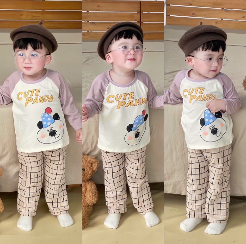 SET BỘ DÀI CUTE PANDA PHỐI QUẦN KẺ BÉ TRAI SẴN(XẢ 39k)