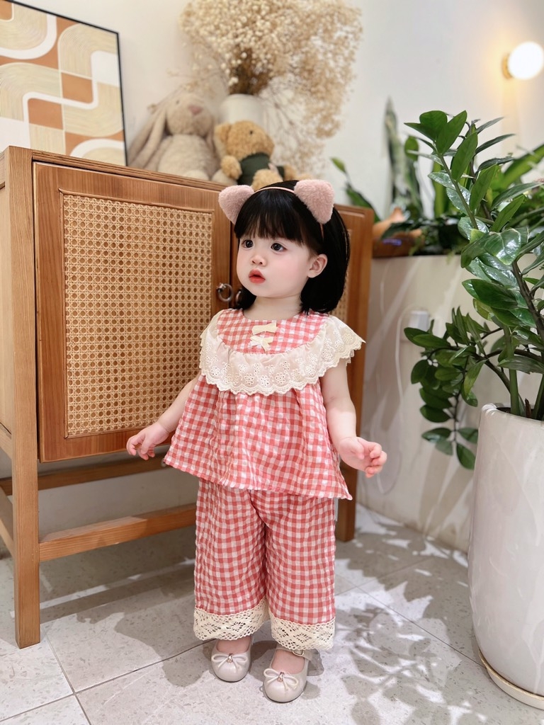 SET KẺ PHỐI REN ĐÍNH NƠ BÉ GÁI