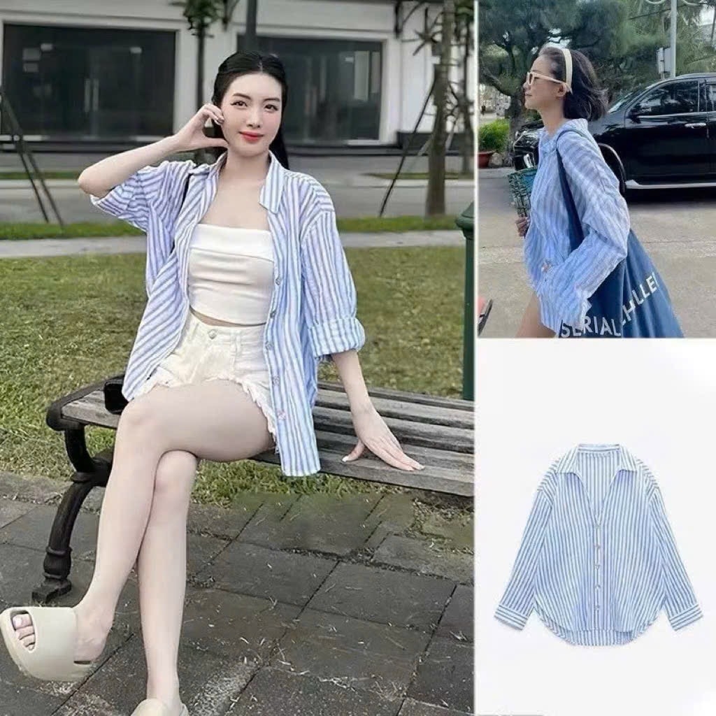 ÁO KẺ ZARA CỔ V VẠT BẦU NỮ