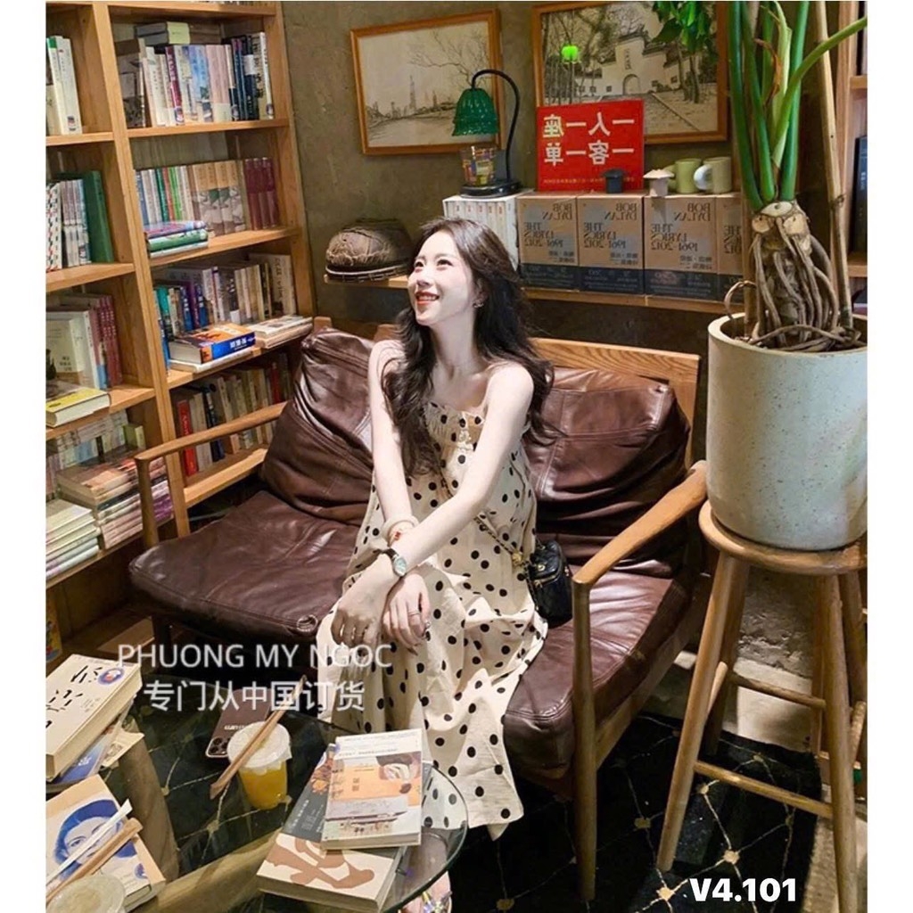 VÁY MAXI HAI DÂY CHẤM BI NỮ SẴN( SALE 95k)
