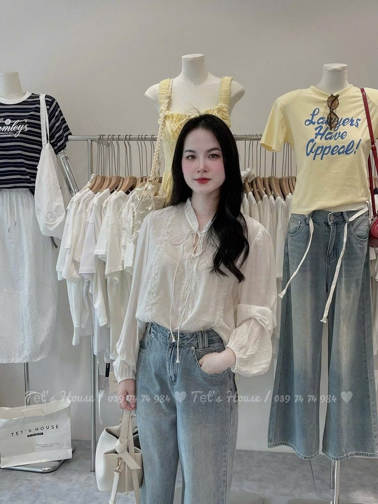 ÁO SƠ MI TRẮNG DÀI TAY PHỐI REN NỮ SẴN