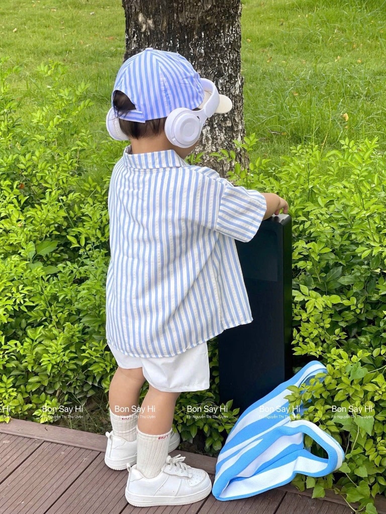 SET 4 CHI TIẾT ÁO SƠ MI SỌC XANH+ QUẦN ĐÙI+ÁO BALO+MŨ BÉ TRAI