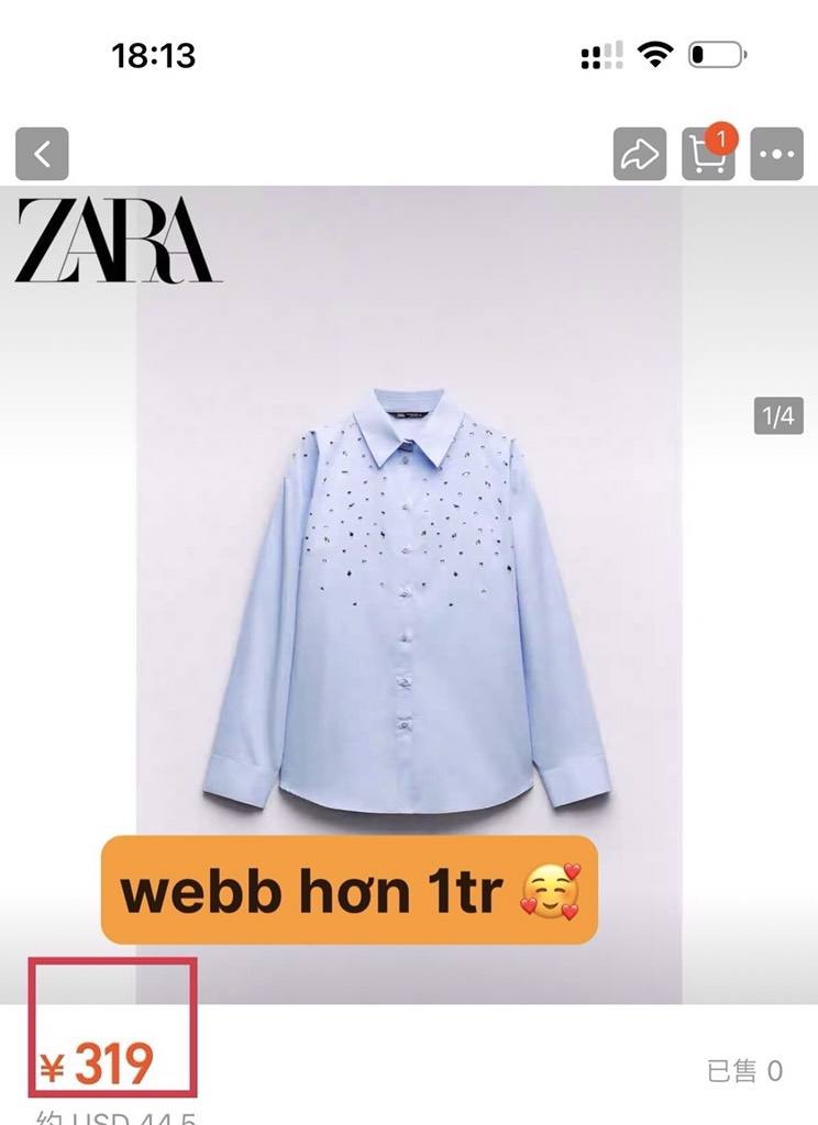 ÁO SƠ MI Z.ARA XANH ĐÍNH ĐÁ BASIC