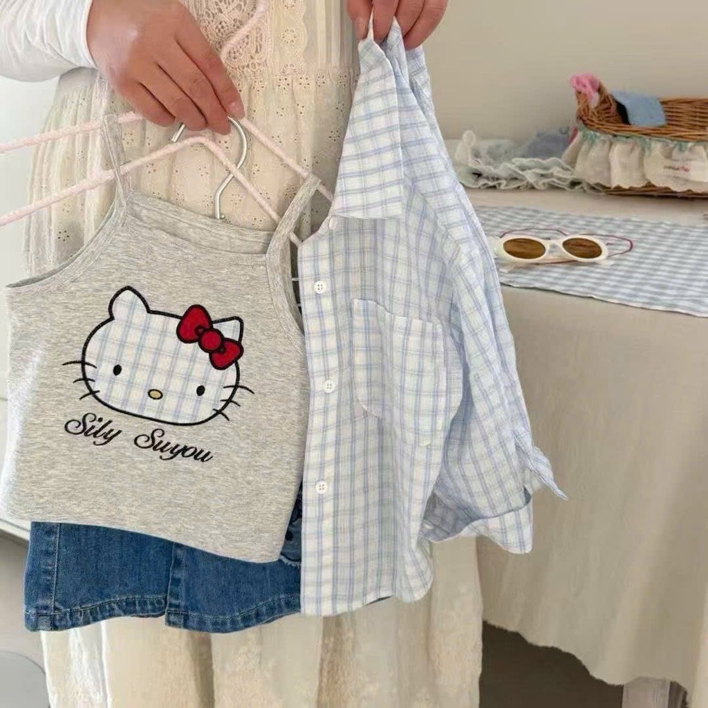 SÉT 3 CHI TIẾT ÁO 2 DÂY SƠ MI KẺ QUẦN VÁY JEAN KITTY BÉ GÁI