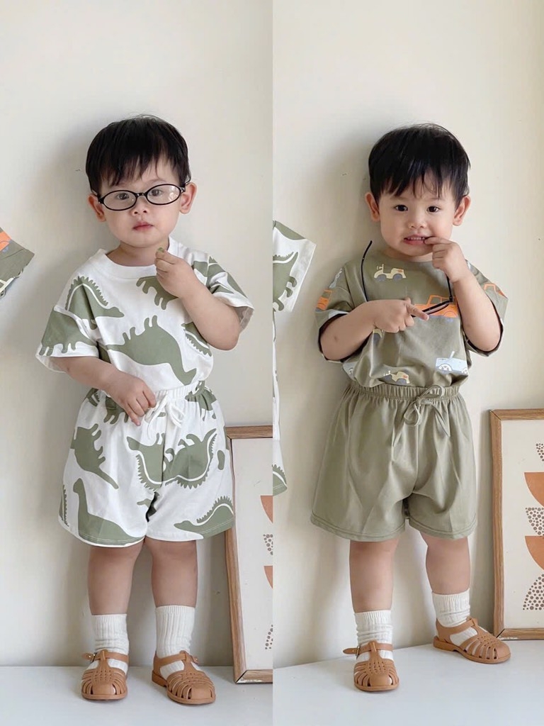 SÉT 2 BỘ COTTON CỘC KHỦNG LONG - GẤU TONE XANH BÉ TRAI( 70k)