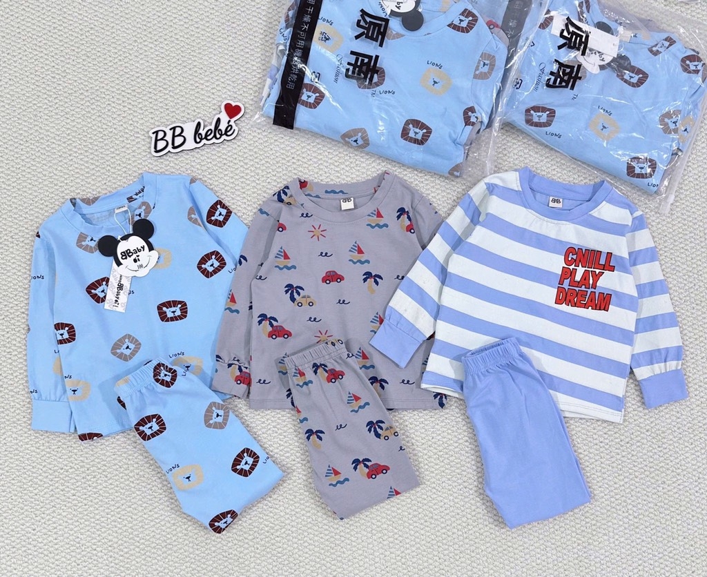 SET 3 BỘ DÀI COTTON Ô TÔ GẤU TONE XANH XÁM BÉ TRAI