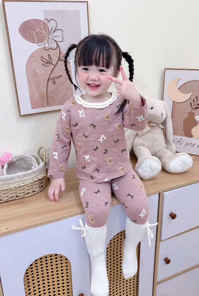 SET 2 BỘ DÀI COTTON GẤU NƠ MÀU HỒNG TÍM - BE BÉ GÁI
