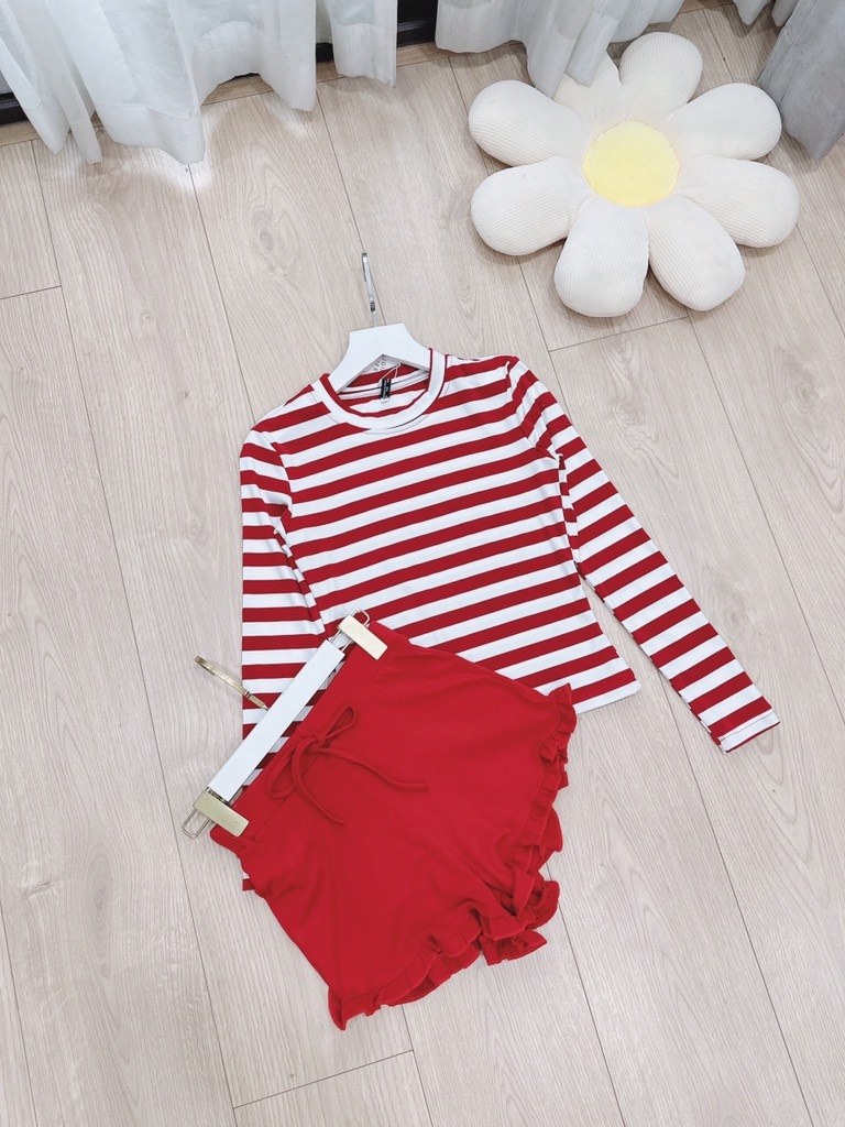 SET ÁO KẺ ĐỎ PHỐI QUẦN BÈO GẤU Sẵn( XẢ 79k)
