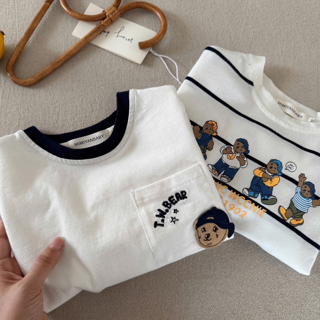 SET 2 ÁO GẤU KẺ TRẮNG DÀI TAY BÉ TRAI