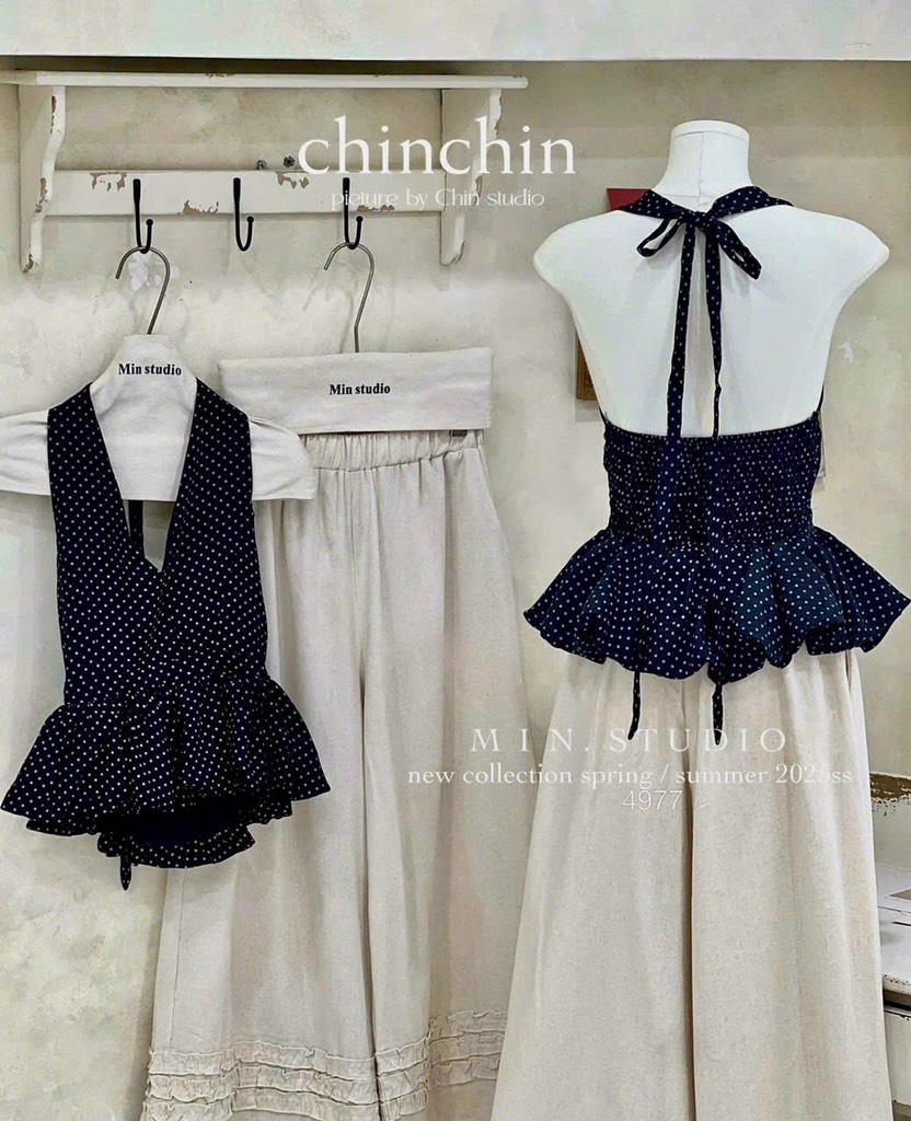 SET YẾM CỔ CHẤM BI THAN BỒNG KÈM QUẦN SUÔNG NỮ SẴN